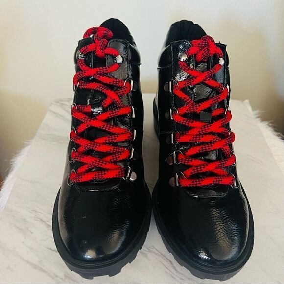 SCHUTZ Patent Leather Hiking Boots Booties, Red Laces/Black, Size 6.5, NWOT - Picture 14 of 17